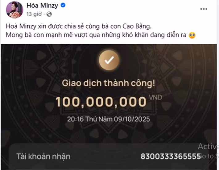 "Mong bà con mạnh mẽ vượt qua những khó khăn đang diễn ra", nữ ca sĩ viết trên trang cá nhân. Ảnh: FB Hòa Minzy.
