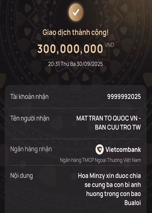 Ngày 30/9, Hòa Minzy ủng hộ 300 triệu đồng để khắc phục hậu quả cơn bão Bualoi. "Hòa Minzy xin được gửi tới bà con những cái ôm và sự chia sẻ sâu sắc nhất", cô viết. Ảnh: FB Hòa Minzy.