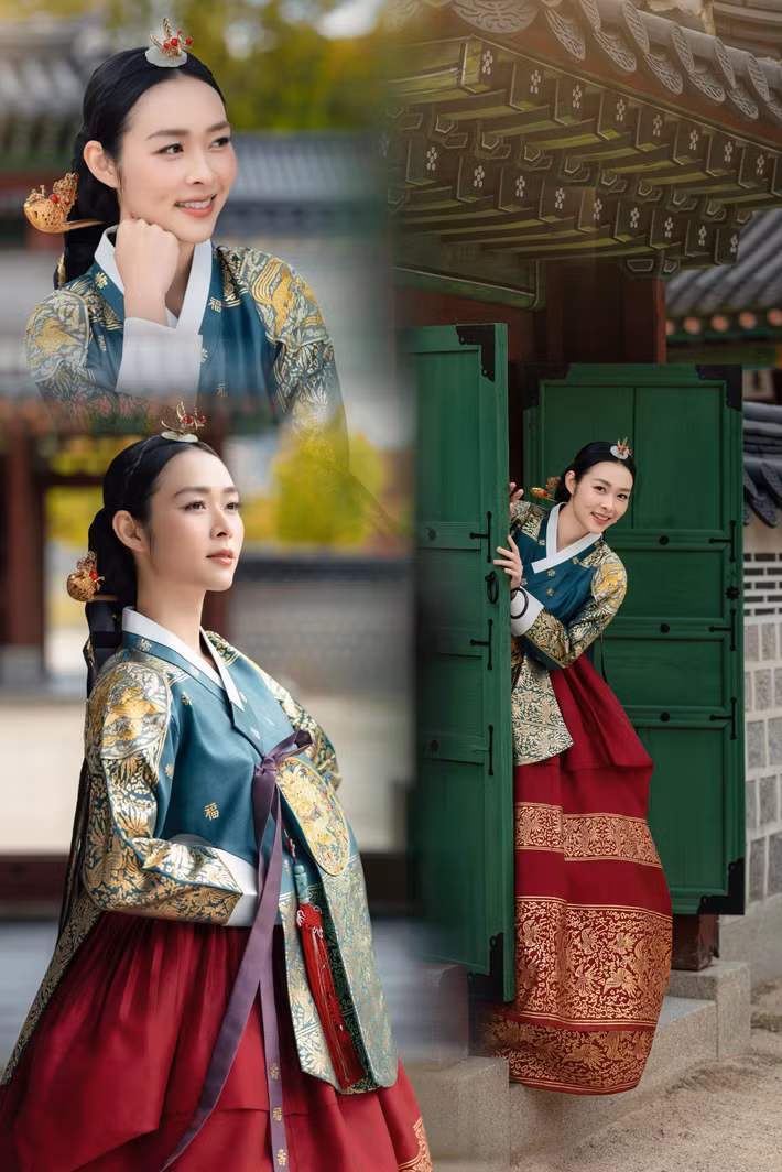 Diễn viên Diệp Bảo Ngọc gây chú ý khi chia sẻ bộ ảnh diện hanbok, trang phục truyền thống của Hàn Quốc. Trong thiết kế xanh ngọc kết hợp chân váy đỏ thẫm, người đẹp khoe nhan sắc thanh tú, dịu dàng giữa không gian cung điện cổ kính.