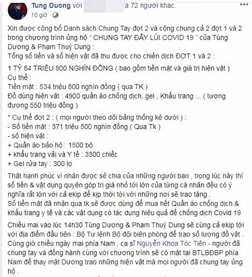 Đến lượt ca sĩ Tùng Dương quyên góp hơn 1 tỷ chống dịch Covid-19 - Hình 2 Den luot ca si Tung Duong quyen gop hon 1 ty chong dich Covid-19-Hinh-2