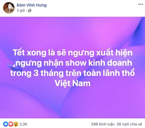 Đàm Vĩnh Hưng tuyên bố ngưng xuất hiện 3 tháng trên toàn lãnh thổ Việt Nam - Hình 2 Dam Vinh Hung tuyen bo ngung xuat hien 3 thang tren toan lanh tho Viet Nam-Hinh-2