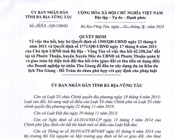 Bà Rịa - Vũng Tàu: Thu hồi việc giao đất dự án KDL Thu Giang - Hồ Tràm Ba Ria - Vung Tau: Thu hoi viec giao dat du an KDL Thu Giang - Ho Tram