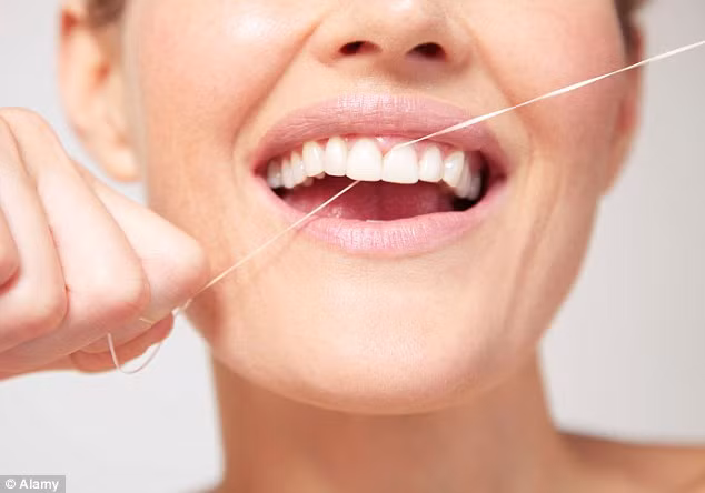 Tiếp theo, bạn nhẹ nhàng luồn sợi chỉ vào kẽ răng. Lưu ý luồn nhẹ nhàng và cẩn thận, không để sợi chỉ chạm vào nướu, tránh tổn thương nướu. Ảnh: dailymail.