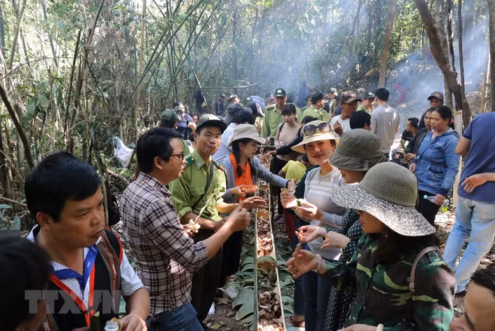 Sau lễ cúng Rừng, bà con huyện tập trung ăn uống theo kiểu truyền thống. (Ảnh: Hồng Điệp/TTXVN)