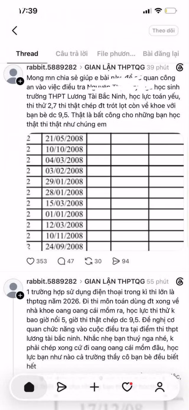 Bài đăng trên mạng xã hội phản ánh nghi vấn liên quan đến kết quả thi môn Toán của một thí sinh tại Trường THPT Lương Tài./ Nguồn: VOV