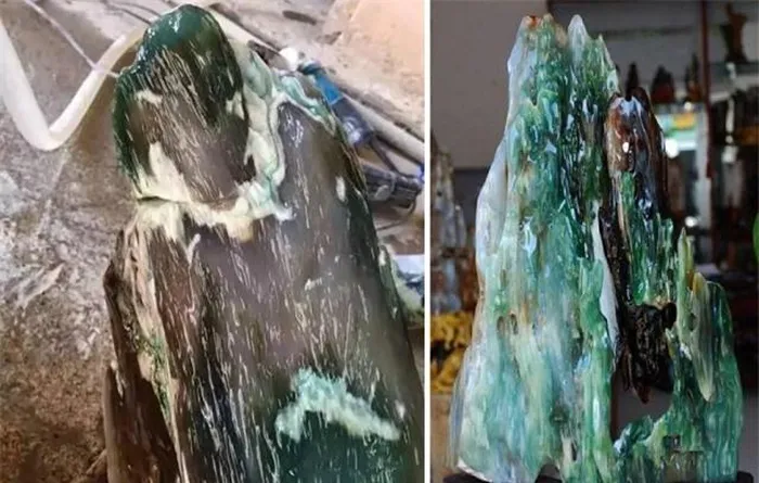 Năm 2019, một thanh niên ở tỉnh Hồ Nam, Trung Quốc, tìm thấy một khúc gỗ lạ khi đi kiếm củi. Sau khi rửa sạch và xẻ ra, khúc gỗ lộ ra phần ngọc màu xanh quý hiếm. Chuyên gia thẩm định xác nhận đó là gỗ hóa ngọc, có niên đại khoảng 200 triệu năm và giá trị rất cao. (Ảnh: DNVN)