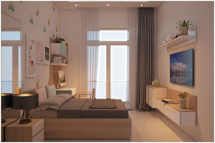 Khu vực tầng 2 gồm 3 phòng ngủ và một phòng sinh hoạt chung. Phòng ngủ trẻ em trang trí theo phong cách hiện đại, ngộ nghĩnh.