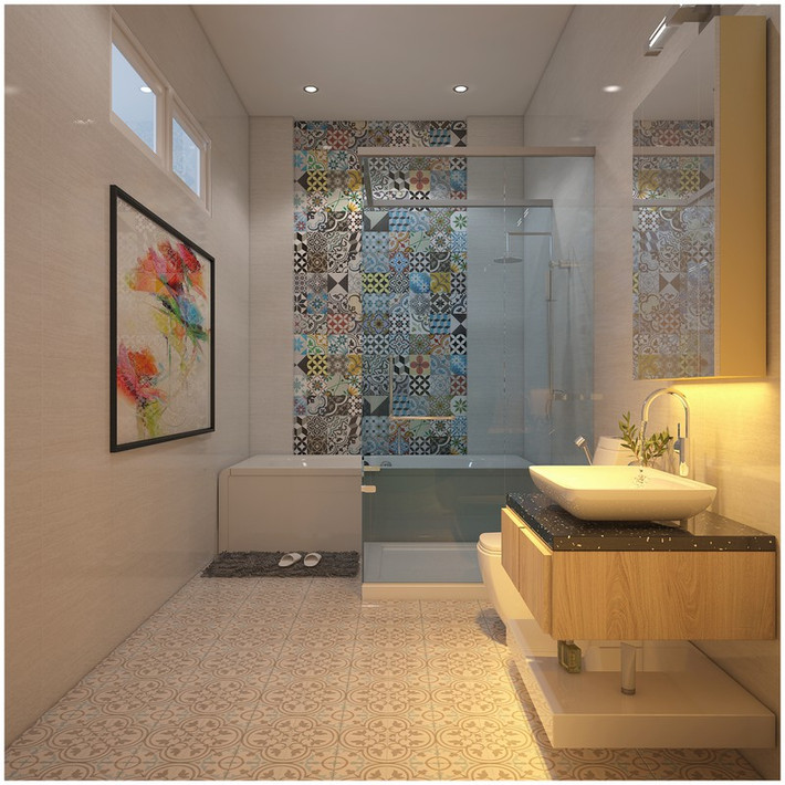 Gạch hoa văn tăng sự thú vị cho không gian phòng tắm thứ 2.