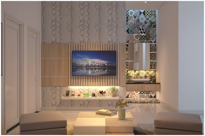 Không gian phòng sinh hoạt chung bố trí gọn gàng, ngăn nắp và có tivi để cả gia đình có thể xem chương trình giải trí.