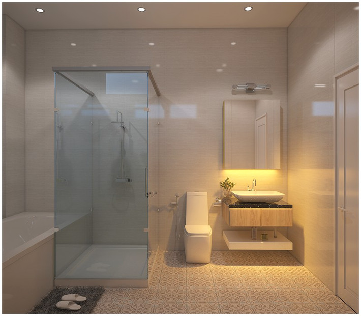 Không gian nhà tắm bố trí đơn giản, có sự phân biệt rõ ràng giữa phòng tắm ướt và phòng tắm khô.