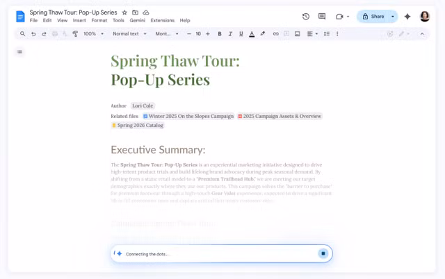 Tạo nhanh một tài liệu trên Docs với câu thần chú: "Help me create" Ảnh: Google