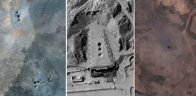 Cận cảnh các điểm tác động tại cơ sở Taleghan 2 (giữa) và Fordow (trái) cùng Natanz (phải) sau chiến dịch Midnight Hammer rất giống nhau. Ảnh vệ tinh ©2025 Maxar Technologies / Ảnh vệ tinh ©2026 Vantor