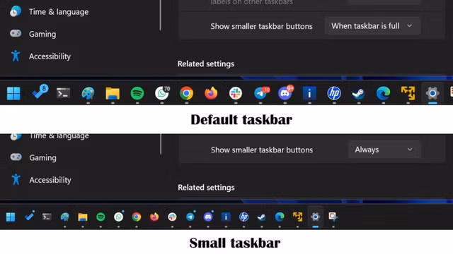 Thanh taskbar hiện tại chỉ có thể thu nhỏ biểu tượng ứng dụng chứ chưa thể thay đổi kích thước của toàn bộ thanh.