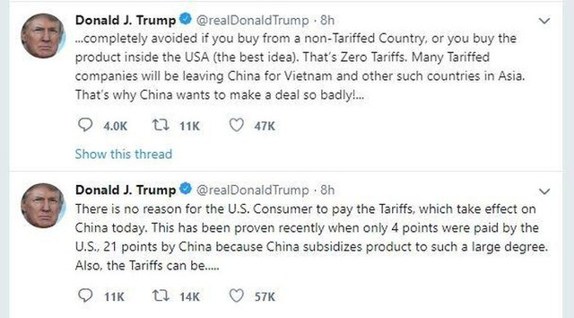 TT Trump trên Twitter: Nhiều công ty chịu thuế sẽ rời Trung Quốc sang Việt Nam TT Trump tren Twitter: Nhieu cong ty chiu thue se roi Trung Quoc sang Viet Nam