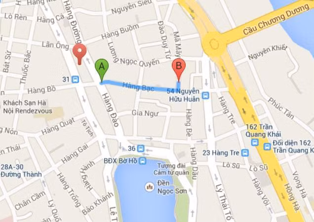 Bản đồ trực tuyến cho thấy, đoạn đường từ đầu hàng Đào đến số 9 Mã Mây dài chưa đầy 1km.