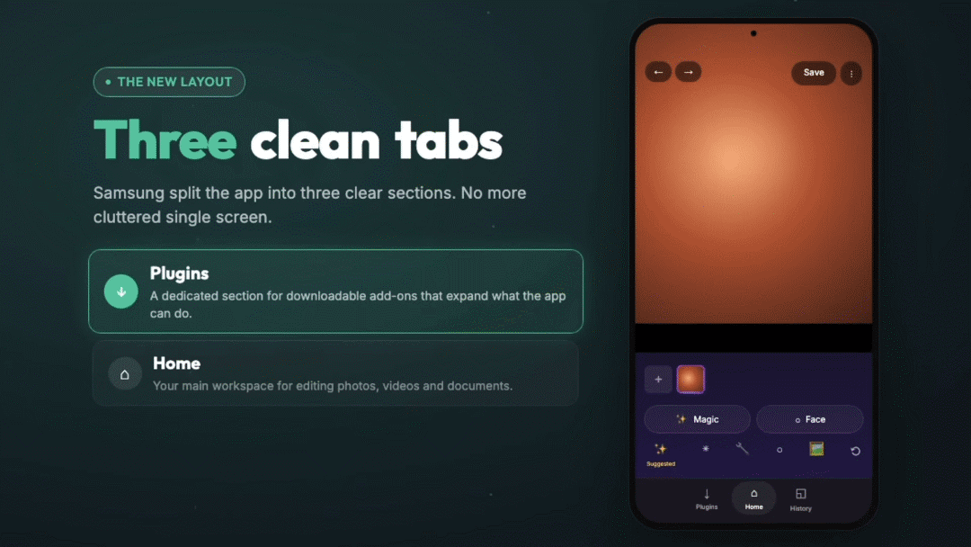 Phiên bản 16.3.00.31 đã có mặt trên Galaxy Store với dung lượng tải về khoảng 173,5MB. Bản cập nhật này chỉ tương thích với các thiết bị chạy Android 16 và One UI 8.5. Giao diện mới được tổ chức thành ba thẻ: Plugin, Trang chủ và Lịch sử.