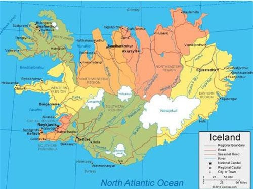Iceland là một trong những quốc gia thưa dân nhất thế giới thuộc khu vực châu Âu. Dù gần vòng Cực Bắc, đất nước Bắc Âu nhỏ bé này lại có khí hậu khá ôn hòa do nằm trên vành đai núi lửa Đại Tây Dương với rất nhiều núi lửa, suối nước nóng và dòng hải lưu Gulf Stream. Ảnh: World Maps Collection.