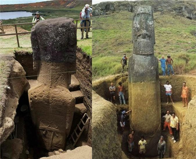 Bí ẩn bên dưới những bức tượng Moai. Nhiều người cho rằng, những bứctượng Moai đơn giản chỉ có phần đầu nhô lên khỏi mặt đất chứ không có gì hơn. Tuy nhiên, một phát hiện gần đây cho thấy, phần bị lấp sâu dưới đất của những tượng Moai còn nhiều hơn những gì trồi trên bề mặt. Theo von Daniken, số dân vài ngàn người trên đảo không đủ khả năng chế tác, di chuyển và dựng chúng lên, nếu không nhờ tới khả năng củacác nhà du hành vũ trụ ngoài hành tinh. 