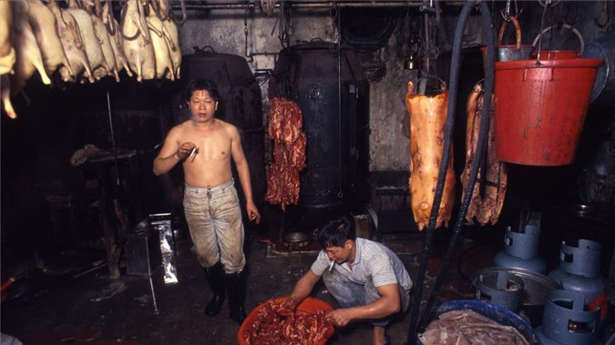 ##sc### Bên trong Cửu Long Thành Trại là một cuộc sống với đầy rẫy tệ nạn, mại dâm, ma túy. Người dân phải sống chung với tình trạng thiếu thốn điện, nước, mất vệ sinh. Trong ảnh là một lò mổ bên trong khu vực, lợn bị giết trực tiếp và bán ngay tại lò.