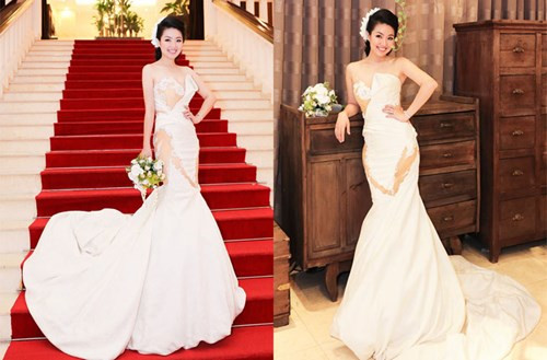 Đặc biệt, chất liệu để thực hiện mẫu váy đuôi cá này được NTK Hoàng Hải mua từ châu Âu. Đây cũng là món quà NTK Hoàng Hải dành tặng riêng cho cô dâu Lê Khánh.