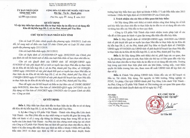 Liên danh Việt Thành - An Phủ bị hủy thầu do hành vi gian lận trong đấu thầu Lien danh Viet Thanh - An Phu bi huy thau do hanh vi gian lan trong dau thau