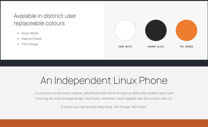 Jolla Phone có ba màu lấy cảm hứng từ phong cảnh Bắc Âu gồm đen, trắng và cam. Khác với nhiều smartphone hiện nay được gắn kín, mặt lưng của Jolla Phone có thể tháo ra dễ dàng và pin bên trong có thể tháo rời.