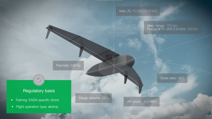 Công ty cho biết thêm rằng nguyên mẫu thử nghiệm này sẽ có khả năng vận chuyển tải trọng lên đến 500 kg đến khoảng cách lên đến 120 km sau khi được thả từ máy bay vận tải, một sự kết hợp giữa tầm bay và tải trọng nhằm mở rộng các lựa chọn vận chuyển từ xa cho các lực lượng triển khai.