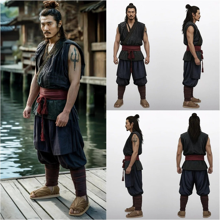 Tính năng đảo góc nhân vật 4 chiều tạo ra một bức tranh bốn tấm để thể hiện mặt trước, mặt phải, mặt trái và lưng của nhân vật trên nền trắng và xám.