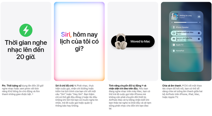 Chip H2 còn có những tính năng khác không liên quan trực tiếp đến âm thanh, như dịch thuật trực tiếp, chức năng điều khiển camera từ xa và tùy chọn kích hoạt Siri mà không cần dùng lệnh "Hey". Apple không thực hiện bất kỳ thay đổi thiết kế nào khác đối với AirPods Max, và tổng thể kiểu dáng và độ vừa vặn không được cập nhật.