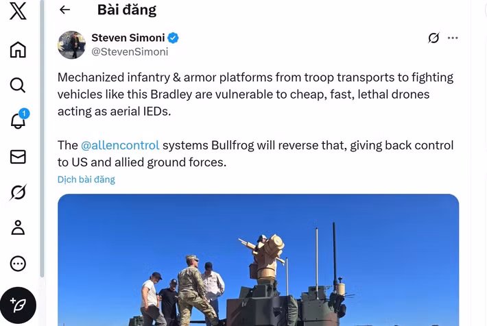 Một bức ảnh do Chủ tịch Steven Simoni của Allen Control Systems chia sẻ cho thấy trạm vũ khí Bullfrog của công ty được gắn trên xe Bradley trong quá trình thử nghiệm.