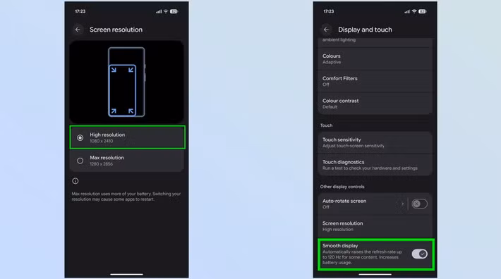 Vào menu Cài đặt (Settings), sau đó chọn Màn hình (Display) và tìm hai tùy chọn: Độ phân giải màn hình và một tùy chọn tương tự như Hiển thị mượt mà hoặc Độ mượt chuyển động. Các nhà sản xuất khác nhau có tên gọi khác nhau cho các chế độ hiển thị khác nhau nhưng bạn nên chọn tùy chọn độ phân giải và tốc độ làm mới thấp nhất.