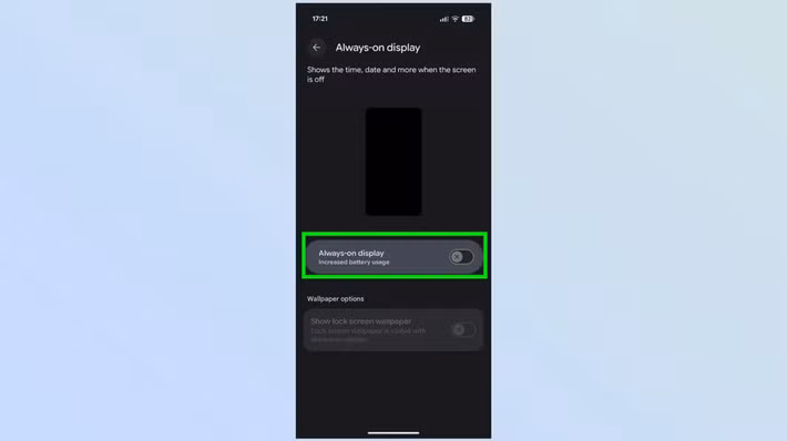 Vào Cài đặt (Settings) > Màn hình (Display) > Màn hình Luôn bật (Always on Display) và tắt Chế độ Màn hình Luôn bật. Điện thoại sẽ tắt màn hình khi điện thoại ở chế độ ngủ và không thể tiêu thụ quá nhiều năng lượng.