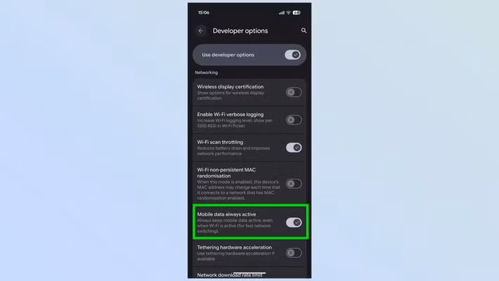 Hãy vào Cài đặt (Settings) > Hệ thống (System) > Tùy chọn nhà phát triển (Developer Options) > Dữ liệu di động luôn hoạt động (Mobile data always active), sau đó tắt cài đặt đó.