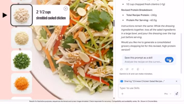Xuất ra công thức đã chỉnh sửa với hàm lượng protein của từng nguyên liệu và tổng lượng protein trên mỗi khẩu phần.Theo trải nghiệm của tôi khi thử nghiệm các tính năng AI tạo sinh trên nhiều trình duyệt khác nhau, tôi không ngạc nhiên nếu các công cụ này gặp một số lỗi nhỏ khi mới ra mắt và sẽ dần được cải thiện trong vài tháng tới. 