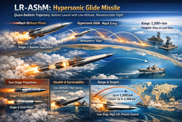 Theo quân đội Ấn Độ, LR-AShM đạt tốc độ tối đa Mach 10, trong khi tốc độ trung bình toàn hành trình khoảng Mach 5, được cho là do tên lửa thực hiện nhiều lần “nhảy”. Mô tả này cũng phù hợp với việc LR-AShM là tên lửa bán đạn đạo.