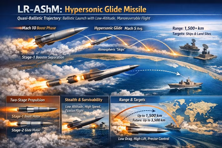Theo quân đội Ấn Độ, LR-AShM đạt tốc độ tối đa Mach 10, trong khi tốc độ trung bình toàn hành trình khoảng Mach 5, được cho là do tên lửa thực hiện nhiều lần “nhảy”. Mô tả này cũng phù hợp với việc LR-AShM là tên lửa bán đạn đạo.