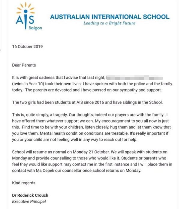 2 chị em sinh đôi học trường quốc tế AIS tại TP.HCM tự tử 2 chi em sinh doi hoc truong quoc te AIS tai TP.HCM tu tu
