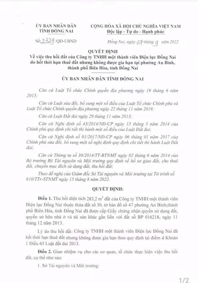 Có gì ở khu đất gần 300m2 của cty TNHH MTV Điện lực Đồng Nai vừa bị thu hồi ? Co gi o khu dat gan 300m2 cua cty TNHH MTV Dien luc Dong Nai vua bi thu hoi ?
