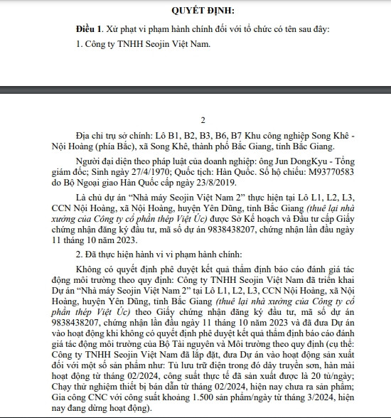 Cong ty TNHH Seojin Viet Nam lien tiep vi pham phap luat ve moi truong