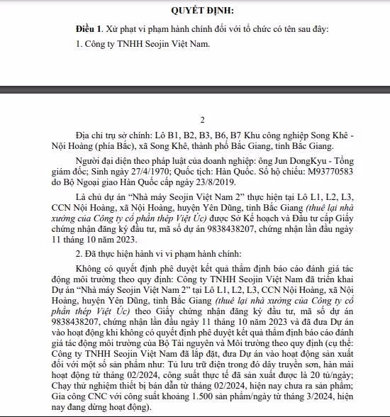 Cong ty TNHH Seojin Viet Nam lien tiep vi pham phap luat ve moi truong