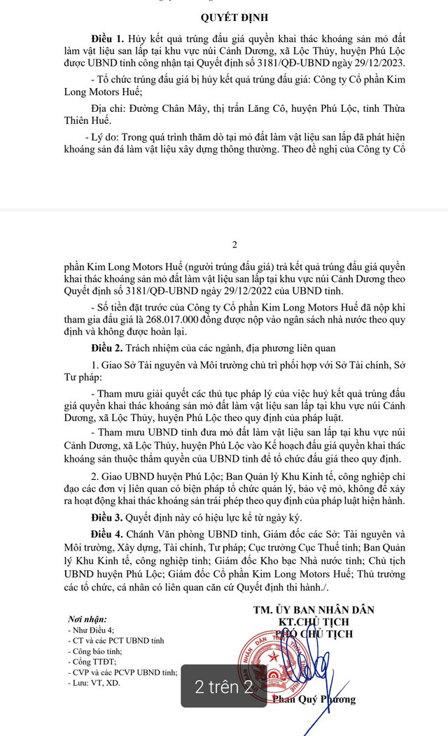 Vì sao Kim Long Motor Huế xin hủy kết quả trúng đấu giá mỏ? Vi sao Kim Long Motor Hue xin huy ket qua trung dau gia mo?