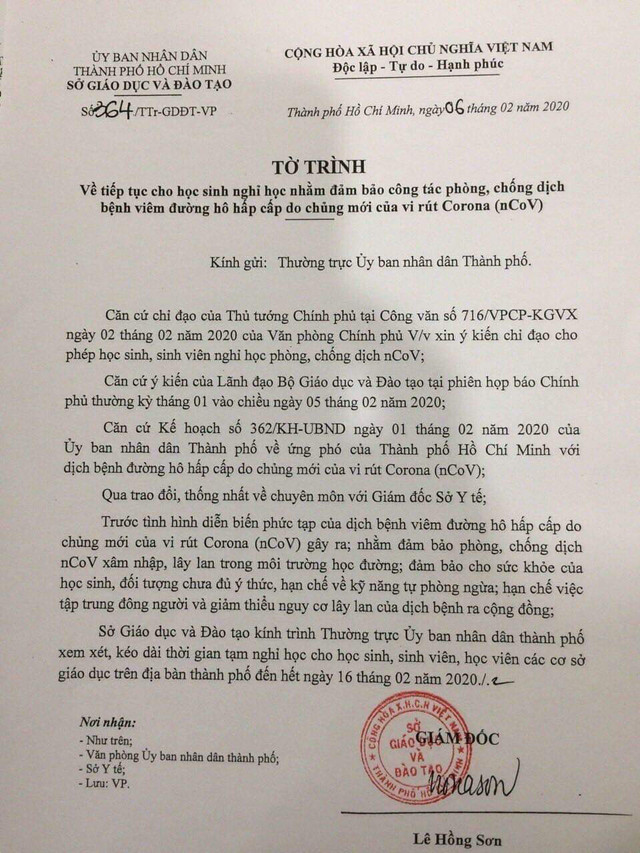 SO GD-DT TP HCM de xuat cho hoc sinh, sinh vien nghi hoc den het 16/2