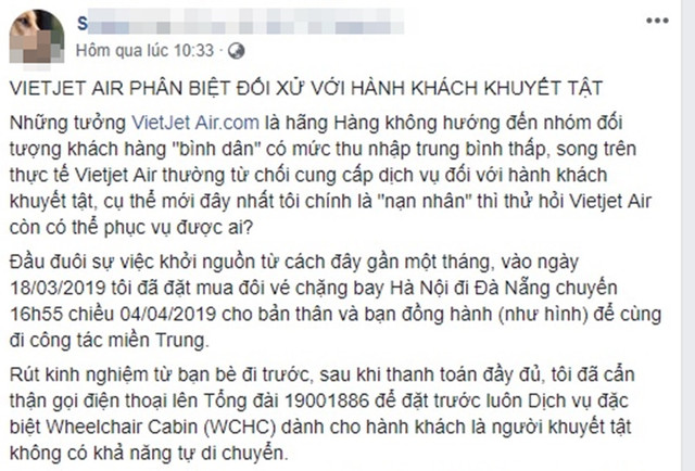 Nghi vấn Vietjet Air bị “tố” từ chối hành khách khuyết tật? Nghi van Vietjet Air bi “to” tu choi hanh khach khuyet tat?