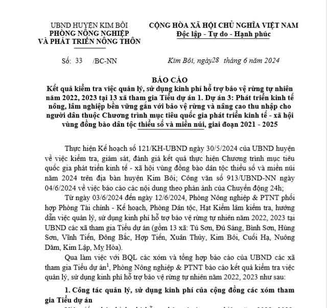Huyện Kim Bôi báo cáo gì vụ Lùm xùm chi trả tiền quản lý, bảo vệ rừng? Huyen Kim Boi bao cao gi vu Lum xum chi tra tien quan ly, bao ve rung?