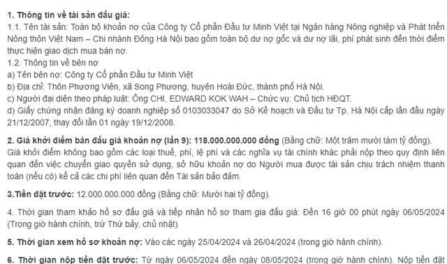 Ngân hàng Agribank bán đấu giá khoản nợ của Công ty Minh Việt Ngan hang Agribank ban dau gia khoan no cua Cong ty Minh Viet