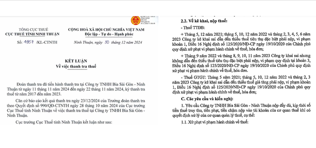 Một phần kết luận thanh tra thuế số: 4957/KL-CTNTH (ngày 30/12/2024) về việc thanh tra thuế, Thời kỳ thanh tra từ năm 2017 đến năm 2023 tại Công ty Bia Sài Gòn - Ninh Thuận.