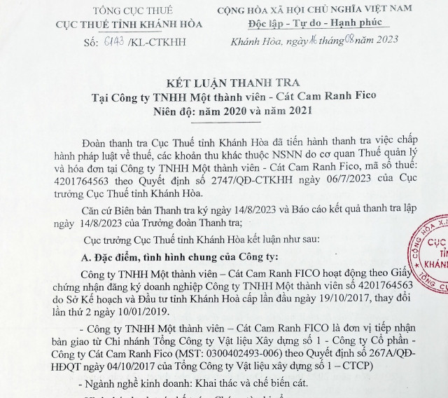 Cong ty Cat Cam Ranh Fico vi pham linh vuc thue