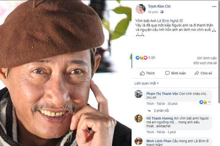 Nghệ sĩ Trịnh Kim Chi cũng bày tỏ niềm tiếc thương trước sự ra đi của nam diễn viên phim "Đất phương nam".