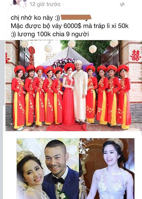 Năm 2014, khi vừa tổ chức xong đám cưới với Doãn Tuấn, Quỳnh Nga đã vướng những ồn ào liên quan đến chuyện tiền nong. Một cô gái trong đội bê tráp mỉa mai Quỳnh Nga về số tiền thuê đội bê tráp trong đám cưới. Trước ồn ào này, cô đáp trả đây chỉ là số tiền đưa thêm, còn tiền dịch vụ thuê đội bê tráp gia đình đã thanh toán từ trước. Ảnh: Đời sống pháp luật