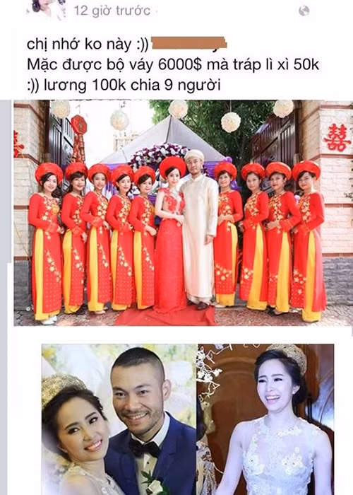 Năm 2014, khi vừa tổ chức xong đám cưới với Doãn Tuấn, Quỳnh Nga đã vướng những ồn ào liên quan đến chuyện tiền nong. Một cô gái trong đội bê tráp mỉa mai Quỳnh Nga về số tiền thuê đội bê tráp trong đám cưới. Trước ồn ào này, cô đáp trả đây chỉ là số tiền đưa thêm, còn tiền dịch vụ thuê đội bê tráp gia đình đã thanh toán từ trước. Ảnh: Đời sống pháp luật